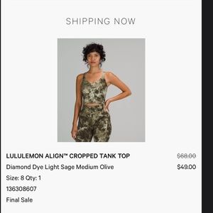 LULULEMON ALIGN™ CROPPED TANK TOP
Diamond Dye Light Sage Medium Olive